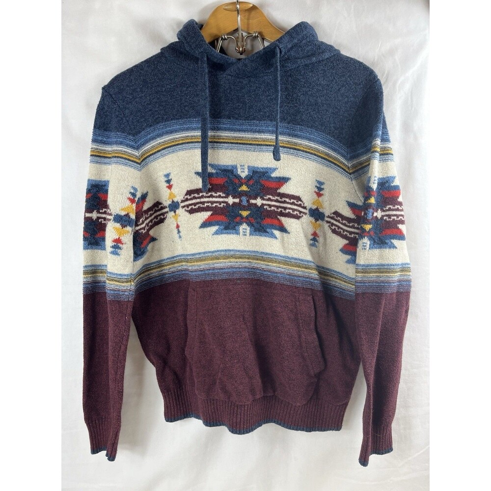 American Eagle Mens Southwestern Tribal Aztec Knit Hoodie Sweater MaroonBlue M